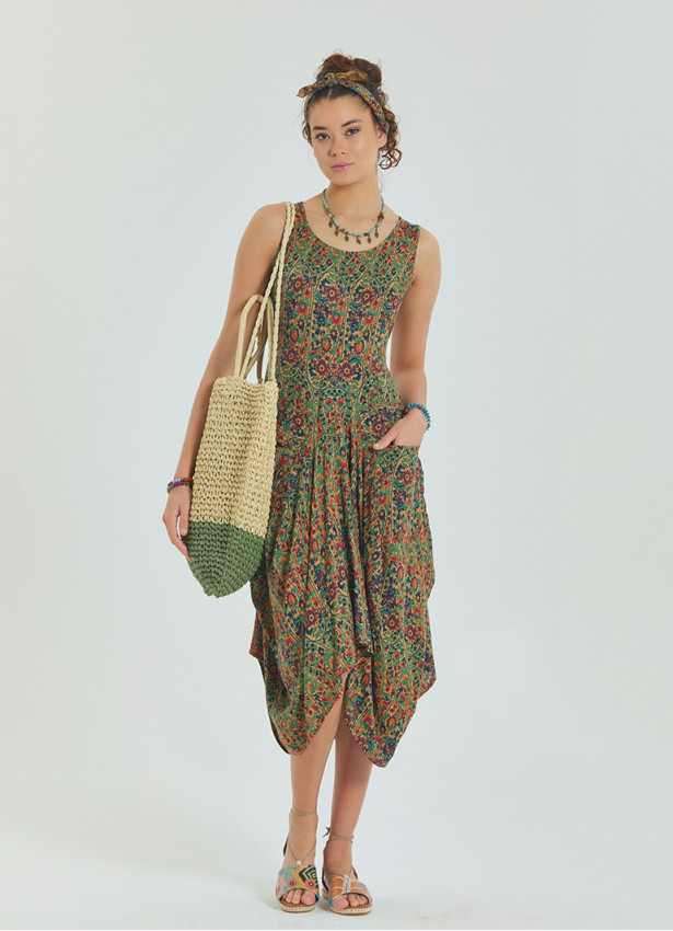 Pera Patterned Sleeveless Paisley Tie Waist Dress